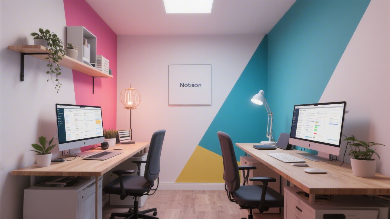 Small modern studio with two desks, laptops showing Notion pages, neutral colors and a calm working atmosphere, symbolizing a focused and structured environment.