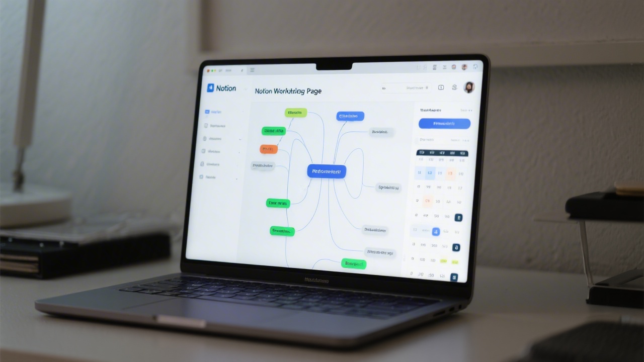 Close-up of a Notion workflow page on a laptop, showing interconnected databases, structured tags and a weekly planning view, placed in a quiet workspace.
