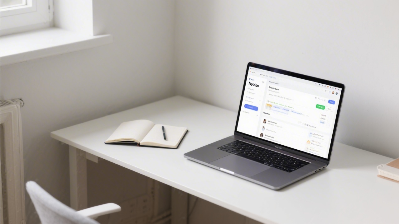Minimal office corner with a tidy desk, notebook and a laptop open on a Notion workspace, reflecting calm focus and organized communication.