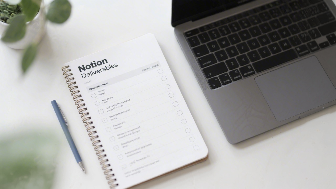 Top view of a notebook and laptop with a Notion deliverables checklist, showing structured sections, milestones and a clear layout for consistent project delivery.