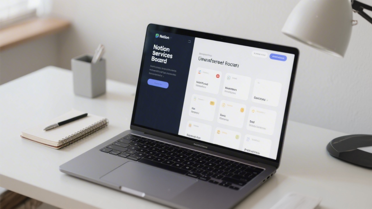 Professional workspace with a laptop showing a Notion services board, neat typography and cards, complemented by a notebook and minimal desk accessories.