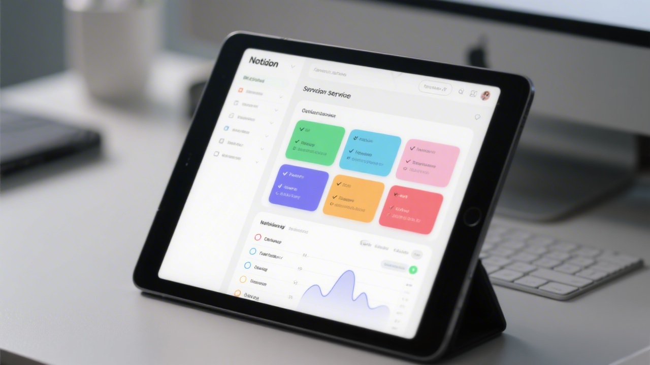 Focused close-up of a tablet showing a structured Notion service overview with clear cards, neutral colors, checklists and a progress view, placed on a tidy desk.